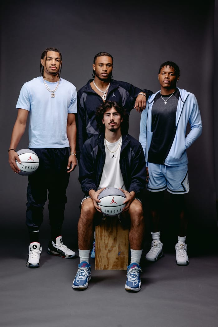 Marcus Sasser, Cam Whitmore, Jaime Jaquez Jr., and Jett Howard pose together for a Jordan Brand photo shoot.